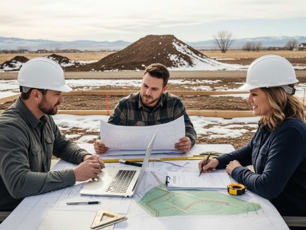 Builder, homeowner, and architect reviewing construction plans and permits on a future Idaho Falls home site before building begins.