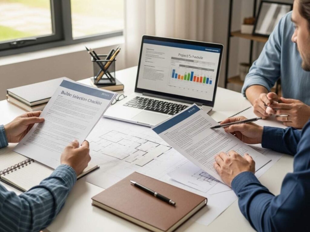 Homeowner and contractor reviewing a builder selection checklist and project timeline during pre-construction planning.