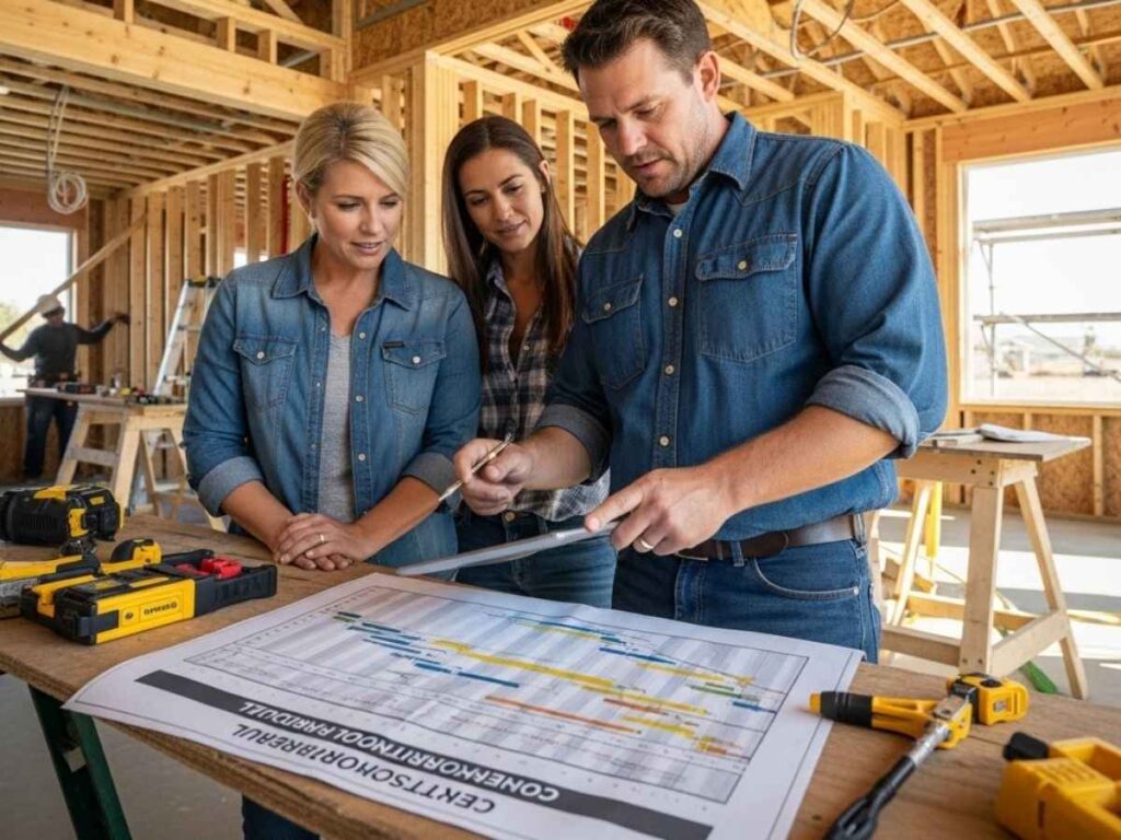 Contractor reviewing a construction schedule and project timeline with clients at a residential building site in Idaho Falls.