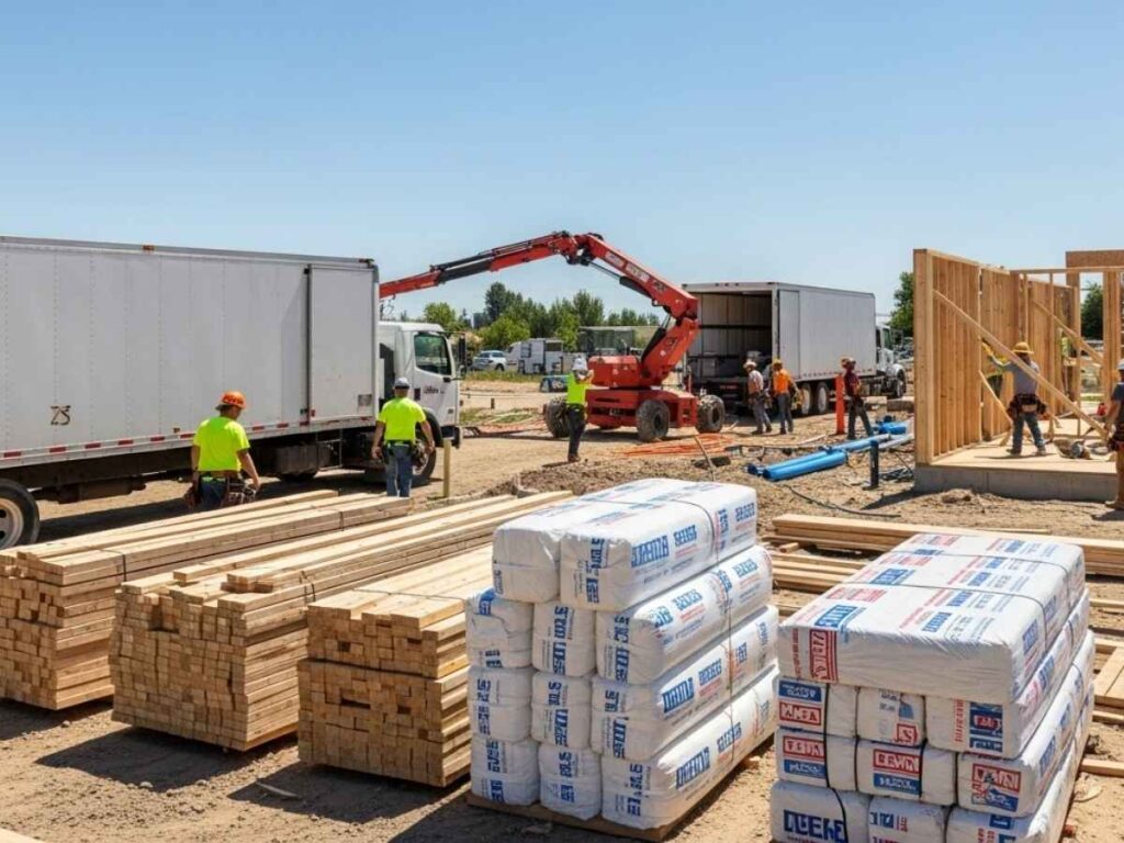 Busy summer construction site in Idaho Falls with multiple subcontractor crews and building materials in high demand.