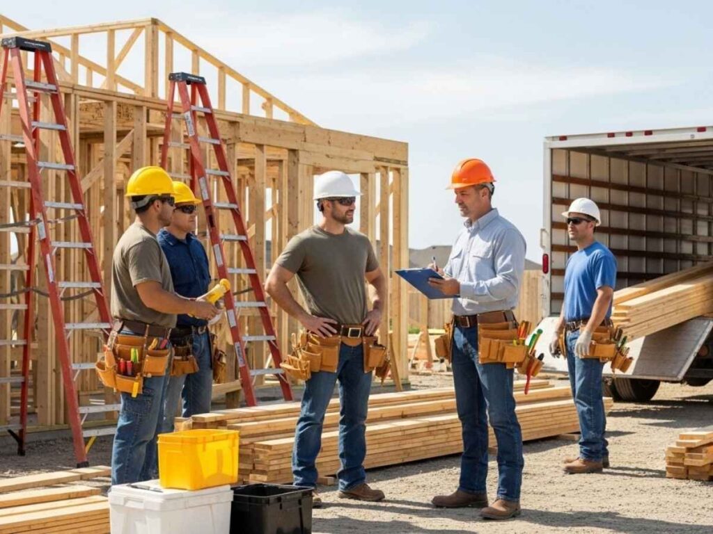 General contractor coordinating subcontractors and material deliveries at an active residential construction site.