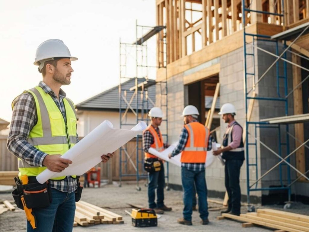 General contractor reviewing blueprints and coordinating a residential construction project on-site.