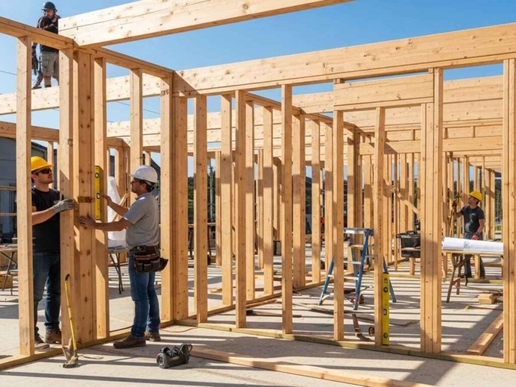 Construction crew installing precise wooden framing for a residential building structure at a job site.