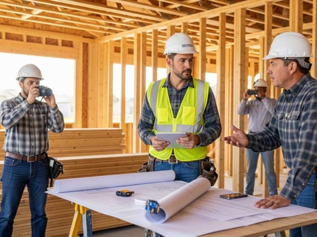 Construction team documenting framing progress with photos, blueprints, and digital updates at a residential jobsite.