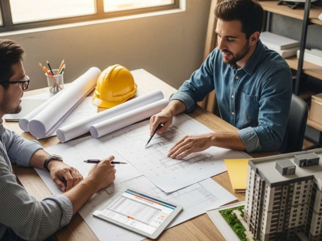 General contractor and developer reviewing multifamily construction plans and early cost estimates during preconstruction planning.