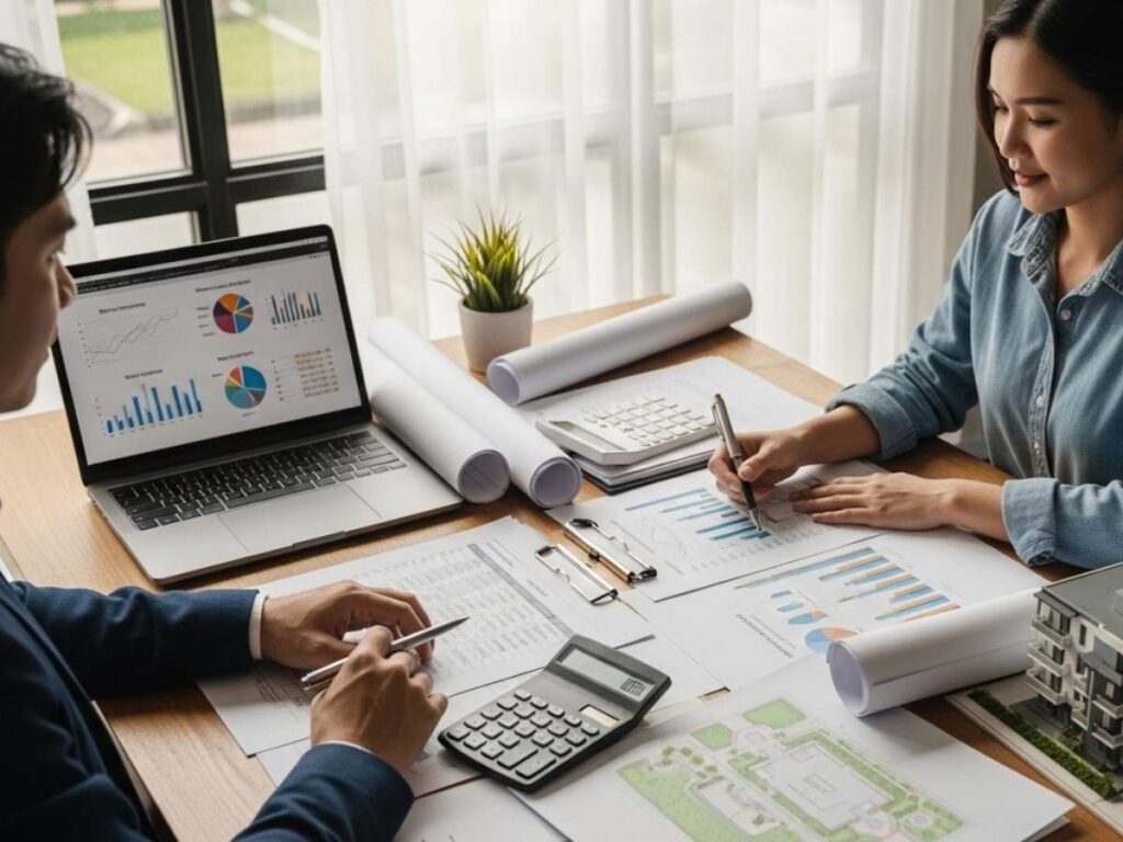 Real estate developers reviewing financial projections and construction plans for a multifamily housing feasibility study.