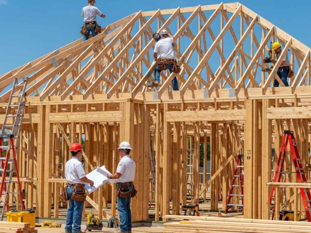 Framing crew and general contractor assembling the structural frame of a new residential home.