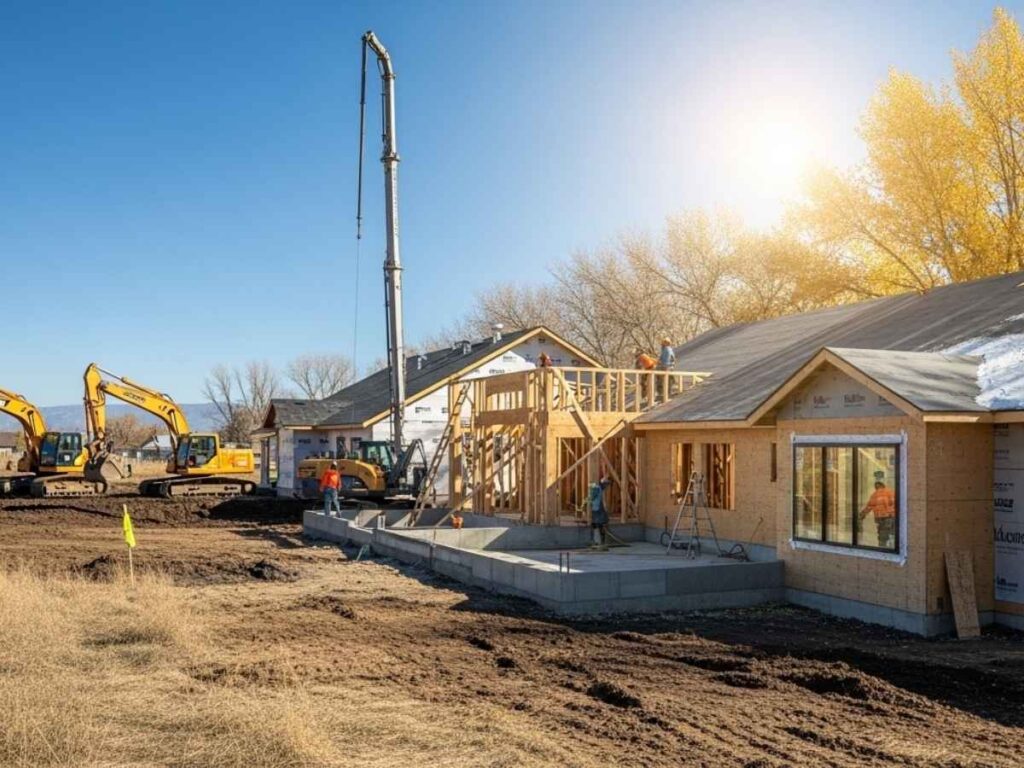 Residential home construction phases—from site preparation and foundation to framing and interior work—aligned with seasonal conditions in Idaho Falls.