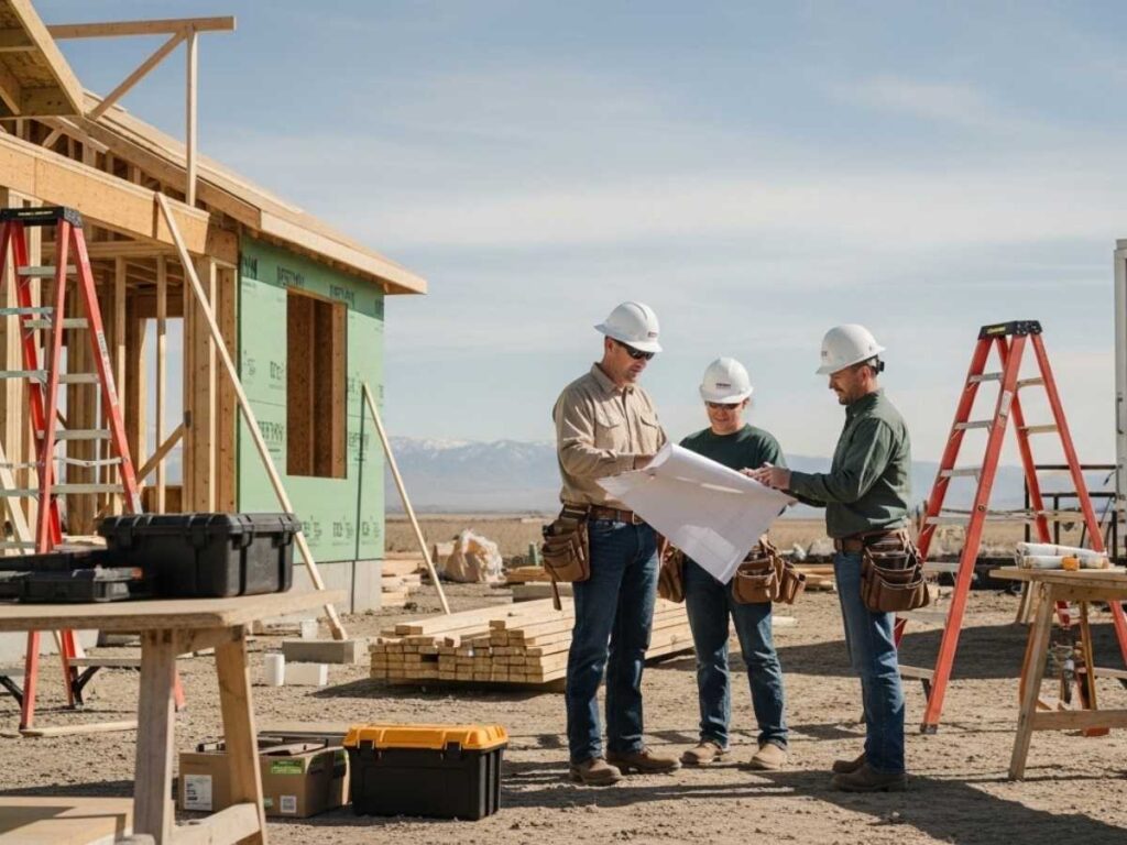 Builder, subcontractors, and homeowner reviewing plans together at an active custom home construction site in Idaho.