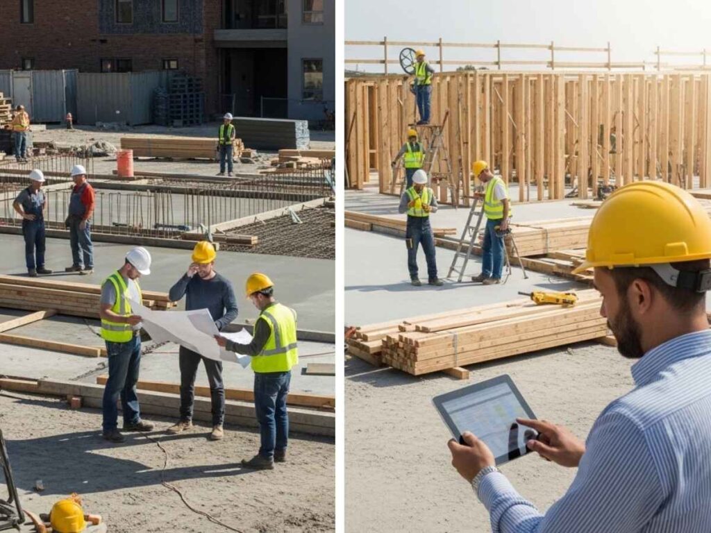 Side-by-side comparison of a delayed construction site and an efficiently managed building project with active crews.