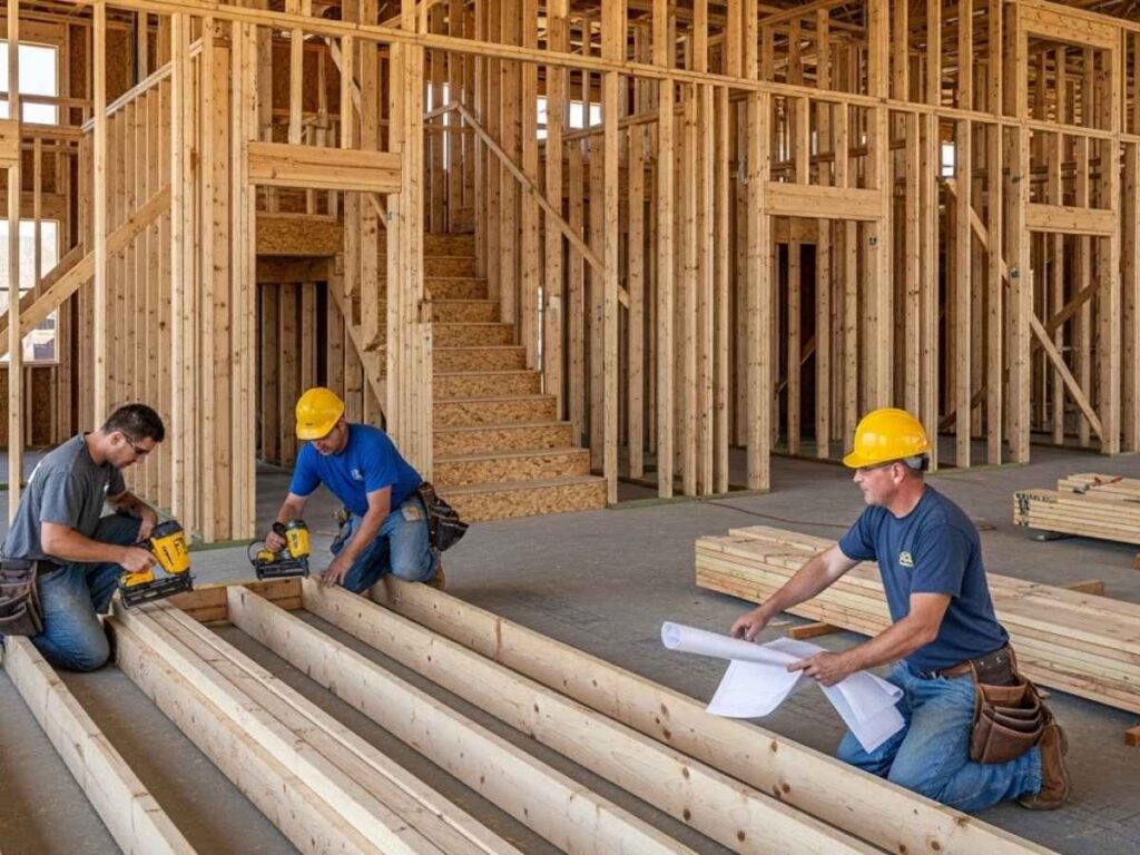 Experienced framing crew reviewing plans and installing precise wall studs and floor joists in a residential construction project.