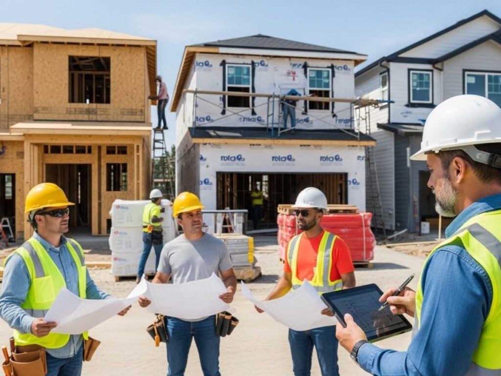 Construction manager coordinating subcontractors and schedules at a residential townhome development site.