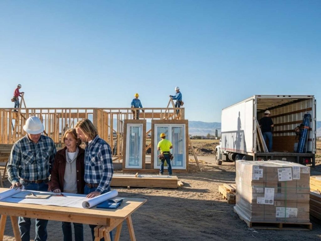Idaho home construction site with builders reviewing plans and organized materials, illustrating effective project planning to keep construction on schedule.