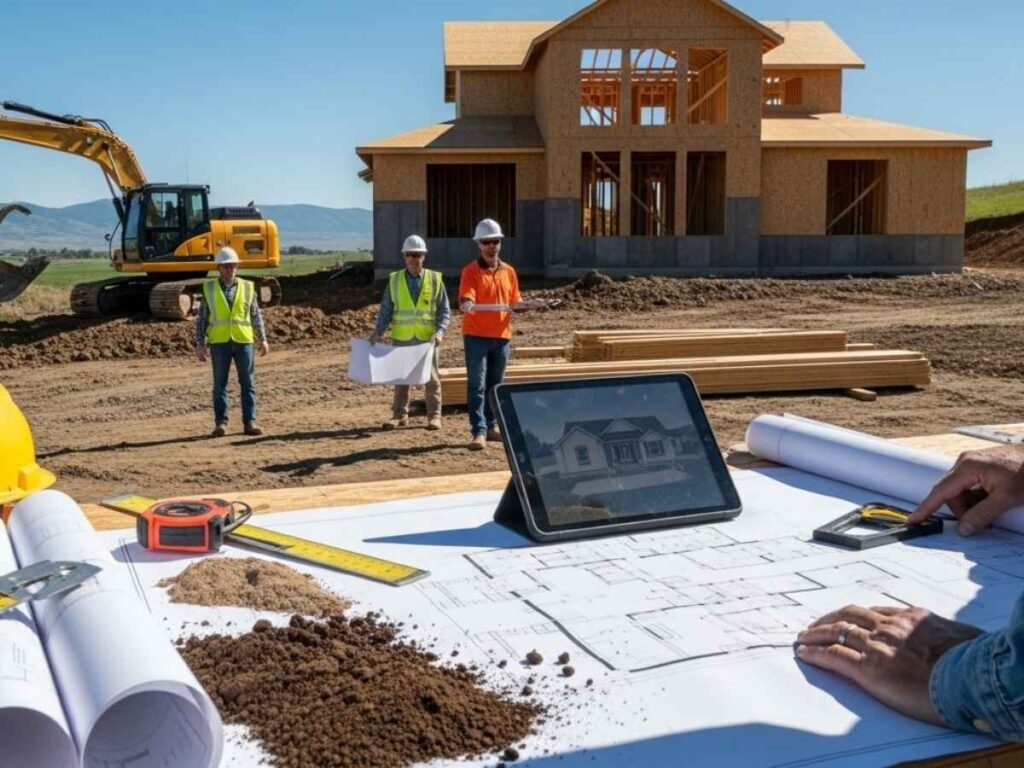 Contractor and builders reviewing house plans on a rural construction site while a custom home is being built in the background.