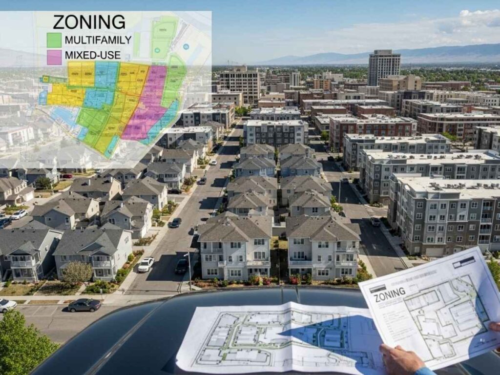 Urban planner reviewing zoning map and site plan for a multifamily housing development in a mid-sized American city neighborhood.