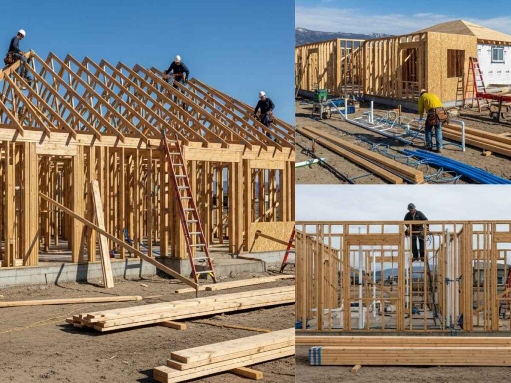Custom home under construction showing framing, roofing, and interior rough-in work on an Idaho jobsite.