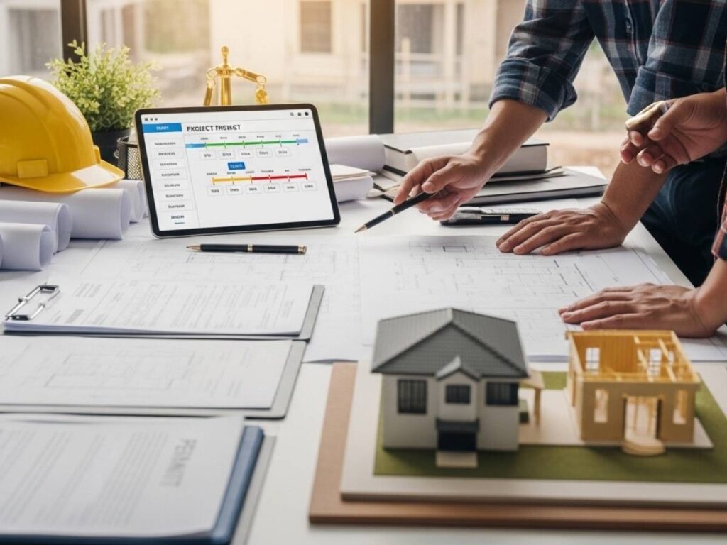 Contractor and client reviewing construction plans, schedule, and project stages from preconstruction to completion.