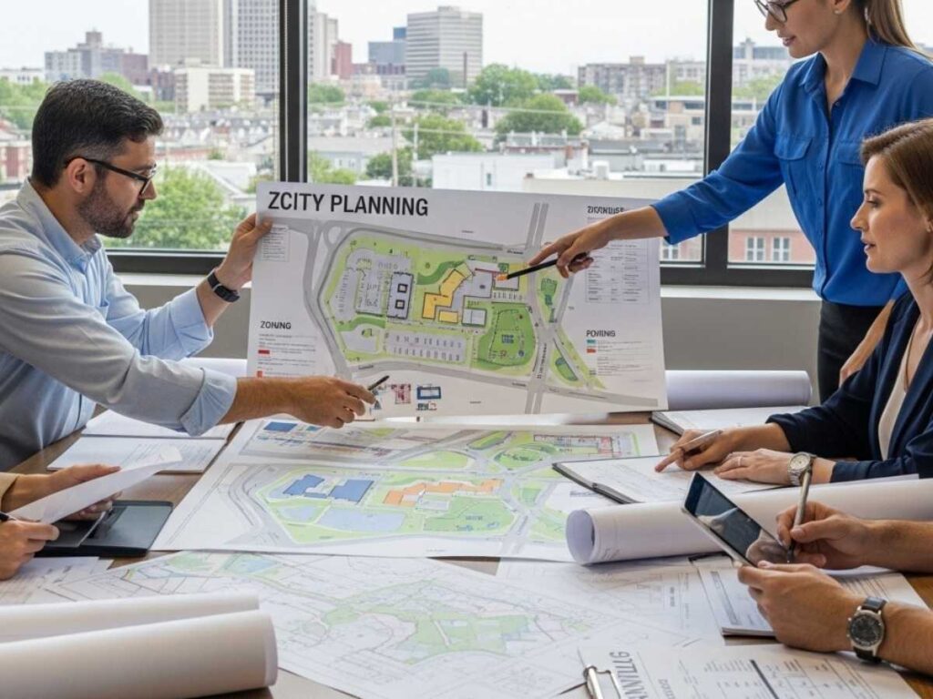 City planners reviewing site plans and zoning documents for approval of a multifamily housing development.