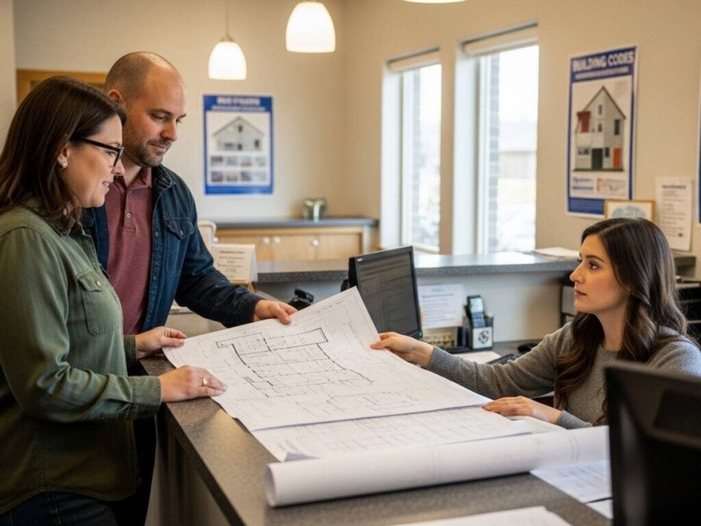 Contractor and homeowner submitting residential construction plans at an Idaho building permit office.