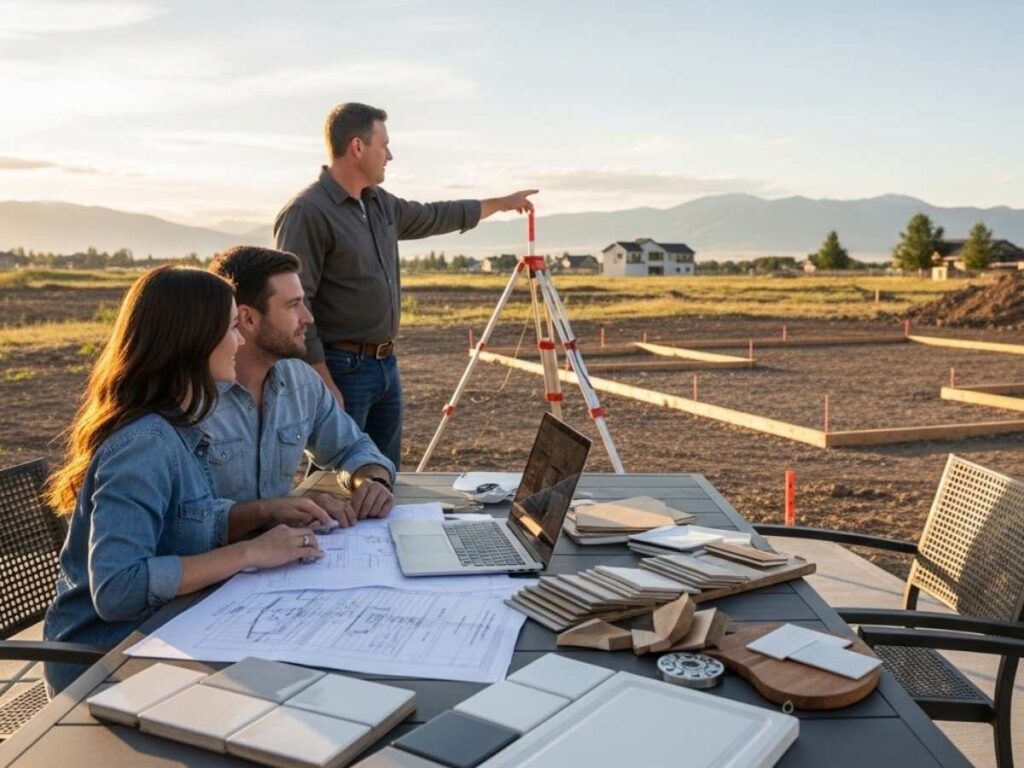 Homeowners reviewing house plans and material samples with a builder while planning a custom home on an Idaho lot.