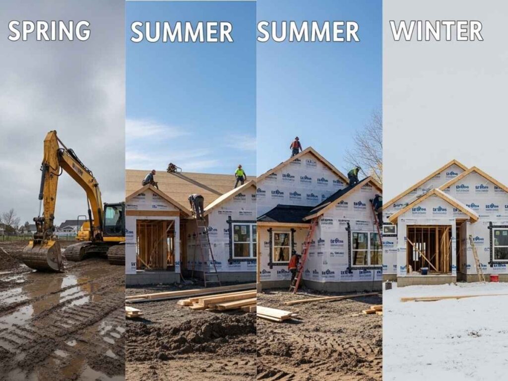 Home construction progressing through spring, summer, fall, and winter conditions in Idaho Falls.