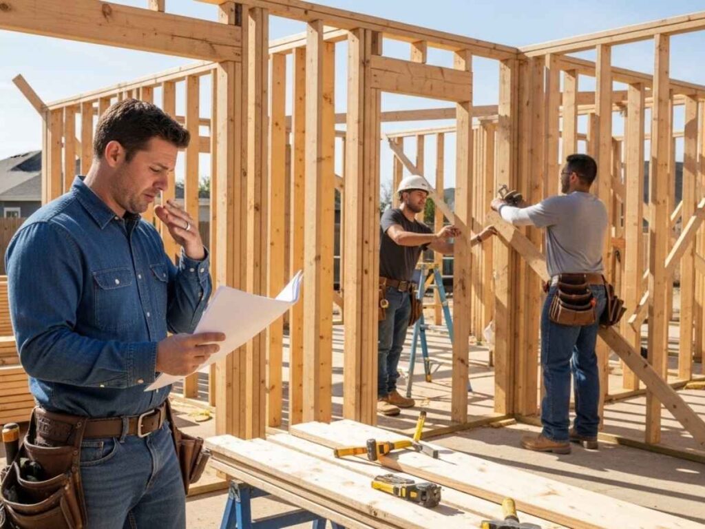 Contractor reviewing unclear construction bid while observing disorganized framing work at a residential jobsite.