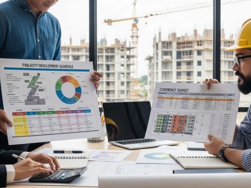 Development team reviewing construction budget, timeline, and risk planning for a multifamily housing project.