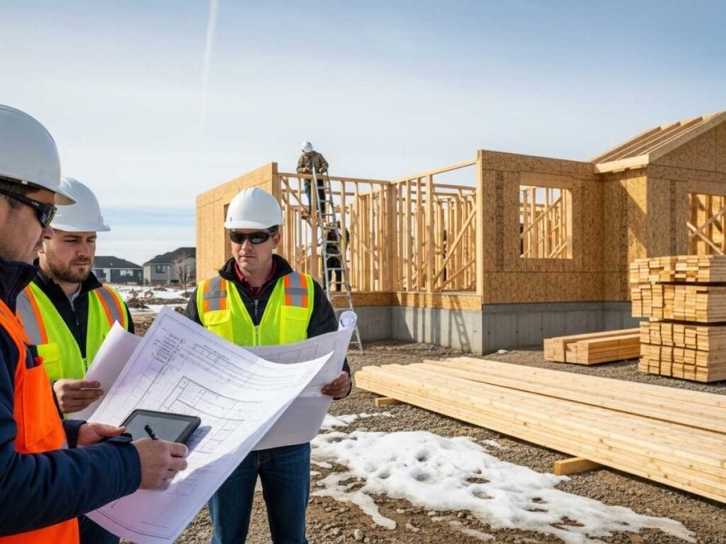 Construction manager coordinating framing schedule and materials at a cold-weather residential building site.