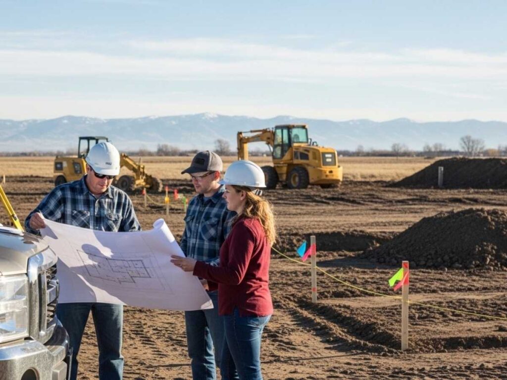 Builder, architect, and homeowner reviewing blueprints on an undeveloped lot during the pre-construction phase of a custom home.