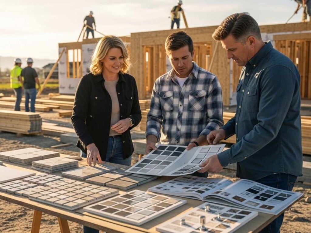 Homeowner and contractor reviewing finish selections at an Idaho residential construction site to keep the project on schedule.