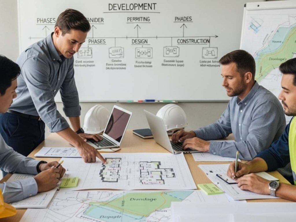 Architects, engineers, and contractors reviewing multifamily development plans and project timeline in a planning meeting.