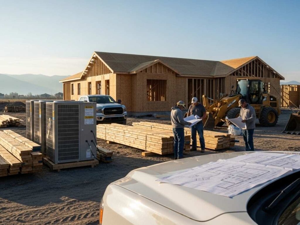 Idaho residential construction site with workers reviewing plans and materials waiting, illustrating common causes of home building delays.