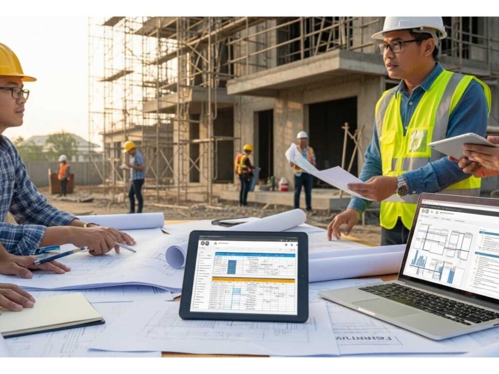Construction team reviewing blueprints, permits, and schedules at an organized job site planning meeting.