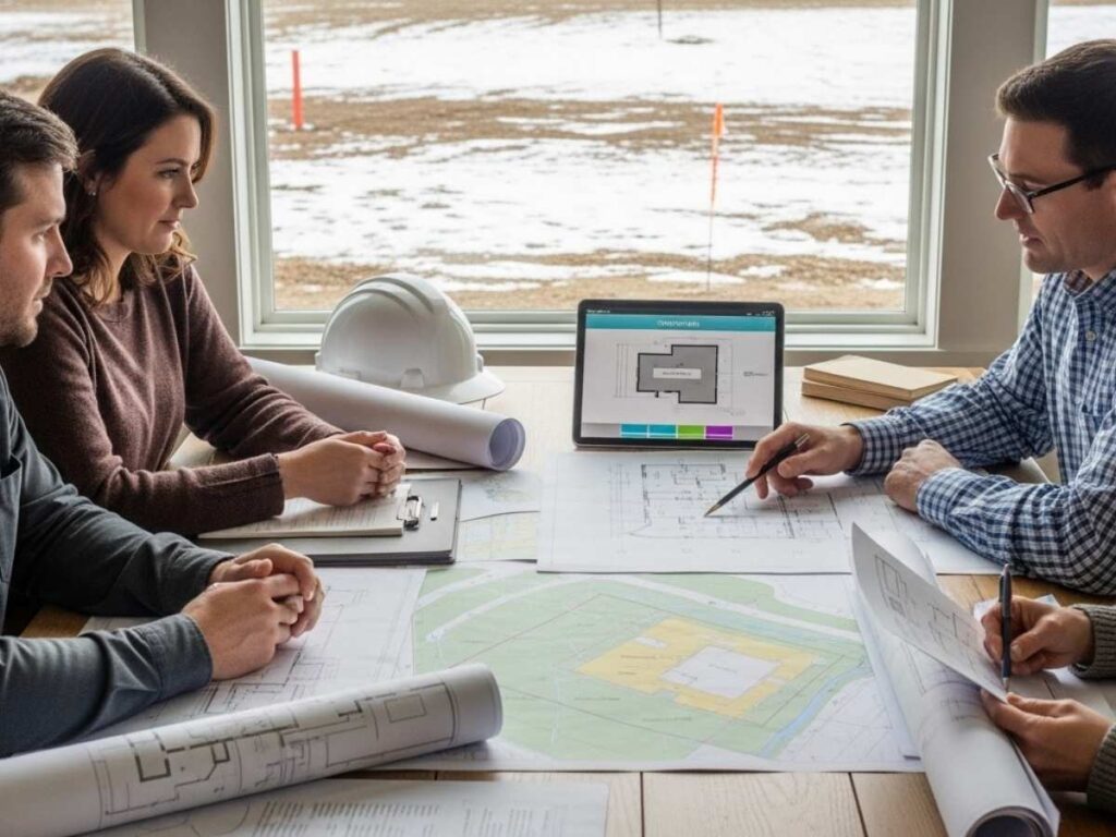 Contractor, architect, and homeowner reviewing blueprints and site plans during the preconstruction planning phase.