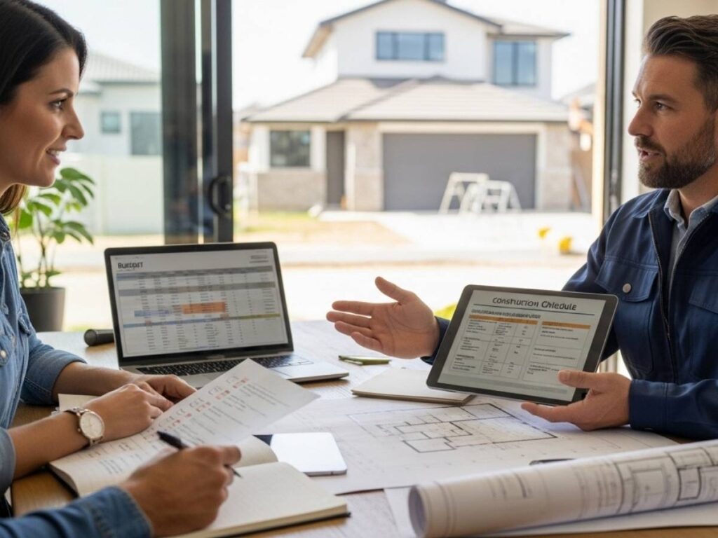 Homeowners meeting with a construction contractor to review project plans, schedules, and building questions.