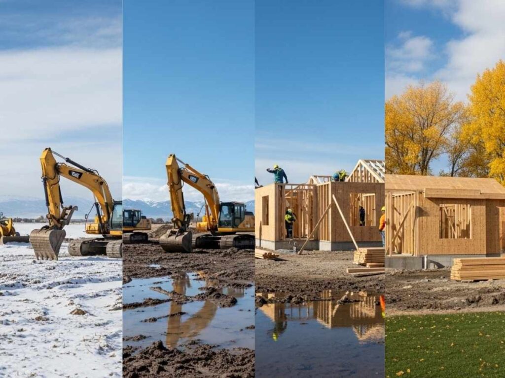 Residential construction site in Idaho Falls shown across winter, spring, summer, and fall conditions affecting building schedules.