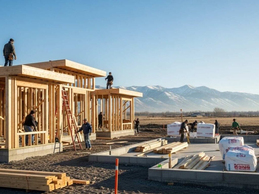 Custom home under construction in Idaho Falls showing foundation and wood framing stages against an Idaho landscape.
