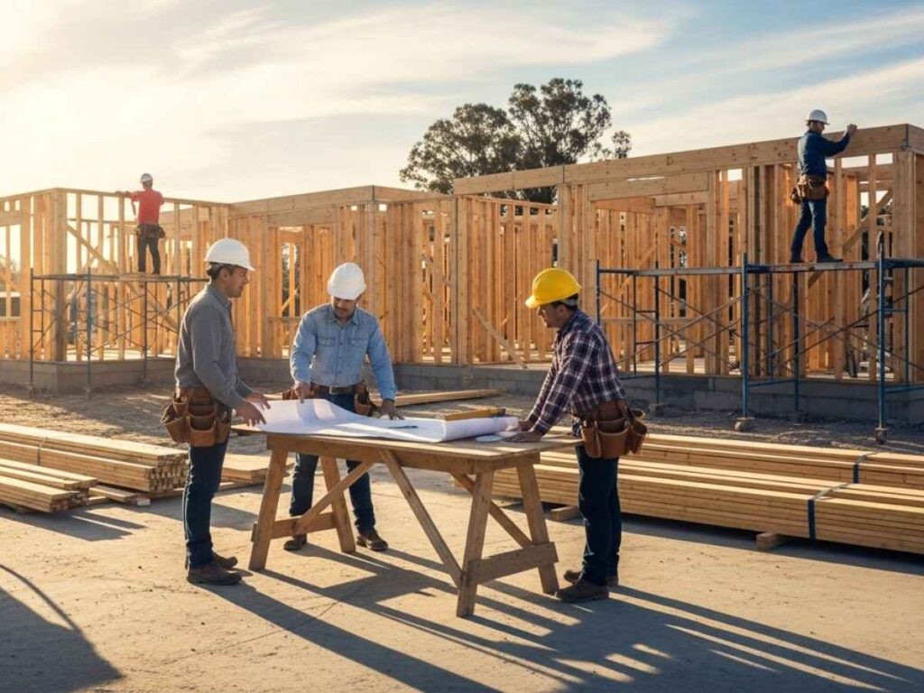 Organized residential construction site with builders reviewing plans while framing a modern home, representing efficient home construction planning.