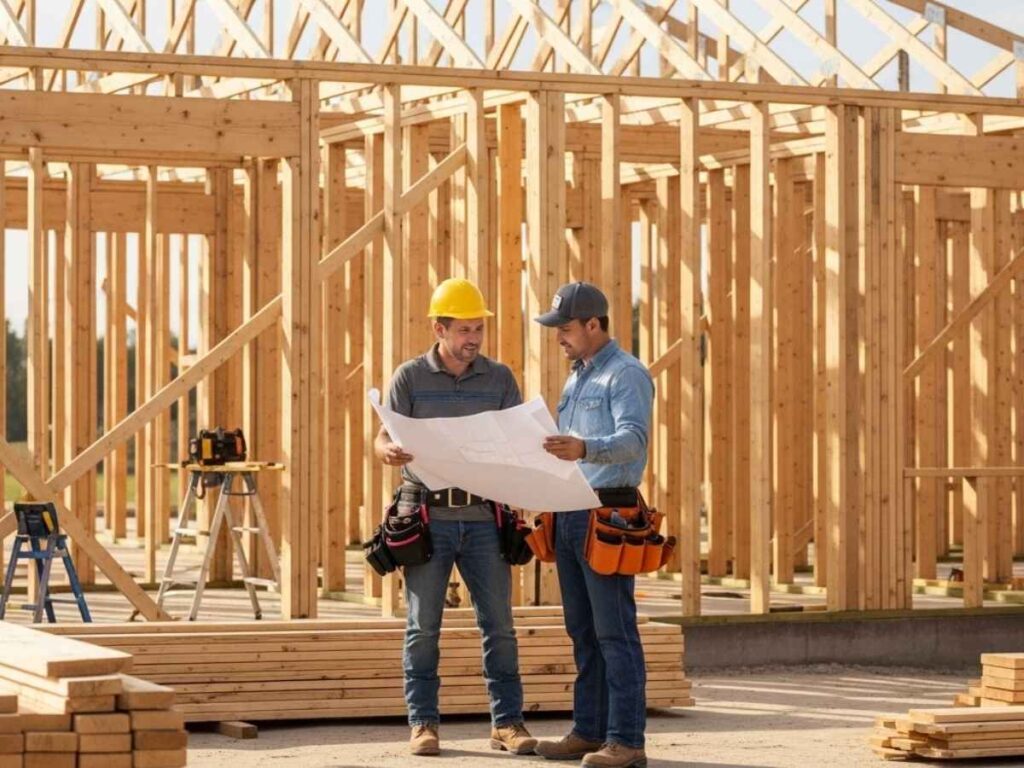 Framing contractor reviewing building plans with a client beside a partially framed custom home.
